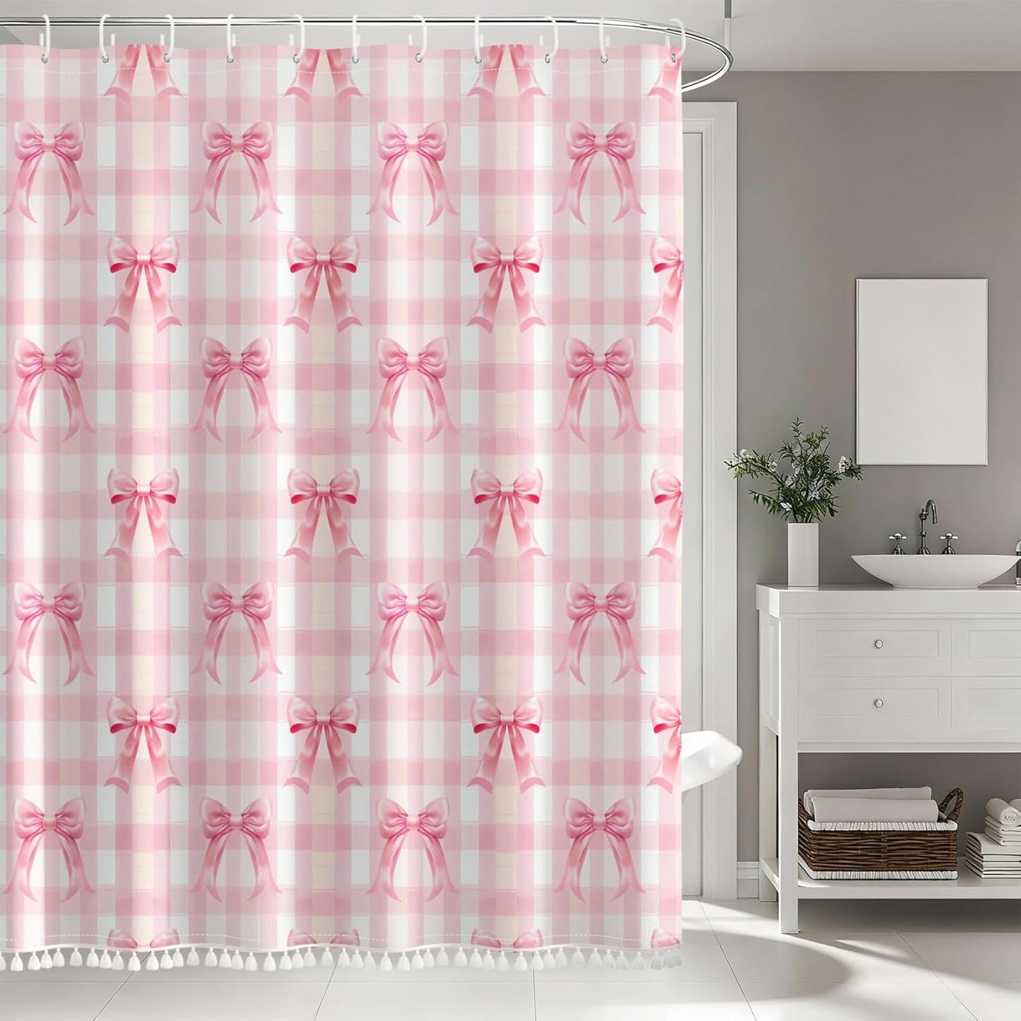 AOFOTO Pink Bow Shower Curtain with Tassels, Pink Buffalo Plaid Bath Curtain Accessories Set with Hooks Cute Aesthetic Art Girly Bathroom Tassel Shower Curtains for Women Girl Home Decor 72x72 Inch
