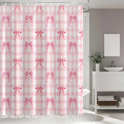 AOFOTO Pink Bow Shower Curtain with Tassels, Pink Buffalo Plaid Bath Curtain Accessories Set with Hooks Cute Aesthetic Art Girly Bathroom Tassel Shower Curtains for Women Girl Home Decor 72x72 Inch