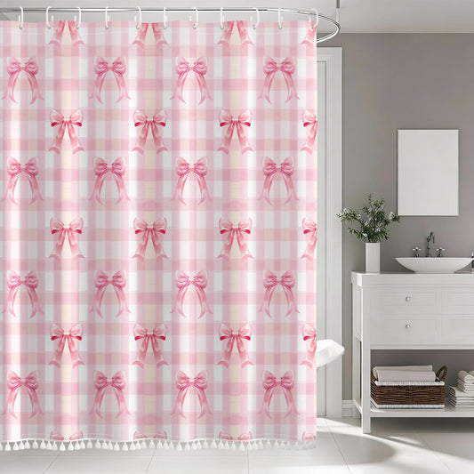 AOFOTO Pink Bow Shower Curtain with Tassels, Pink Buffalo Plaid Bath Curtain Accessories Set with Hooks Cute Aesthetic Art Girly Bathroom Tassel Shower Curtains for Women Girl Home Decor 72x72 Inch