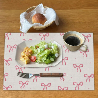 Pink Bow Linen Placemats Set of 4, Cute Waterproof Washable Heat Resistant Place Mats 12x18 Inch, Table Mat for Bridal Shower Wedding Outdoor Indoor Home Kitchen Birthday Party Dining Decoration-13