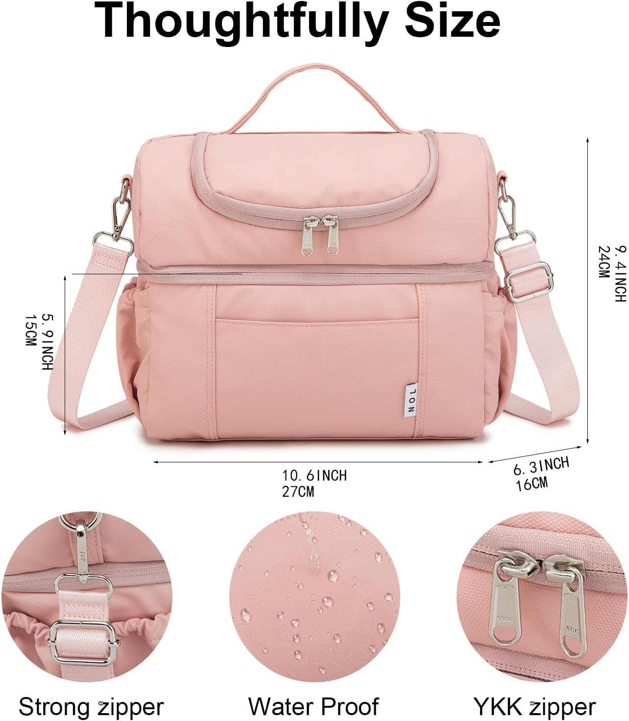 NOL Natural Organic Lifestyle Adult Lunch Box Insulated Lunch Bag Large Dual Compartment Lunch Bag Coolers Lightweight Nylon Waterproof Lunch Box for Work, Picnic, Travel, Outdoors, Pink