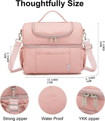 NOL Natural Organic Lifestyle Adult Lunch Box Insulated Lunch Bag Large Dual Compartment Lunch Bag Coolers Lightweight Nylon Waterproof Lunch Box for Work, Picnic, Travel, Outdoors, Pink