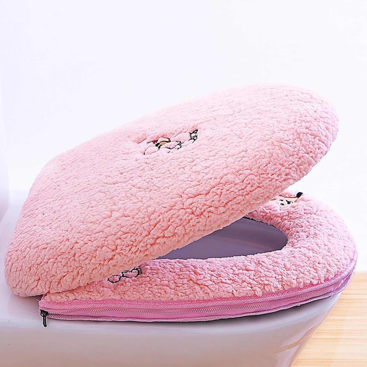 Toilet Seat Warmer Cover & Toilet Lid Cover Pink Fuzzy Toilet Seat Covers for Bathroom with Zipper Handle Plush Thicker Washable