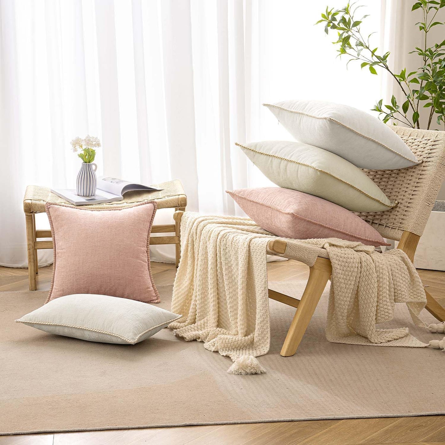 ANRODUO Pack of 2 Blush Pink Chenille Throw Pillow Covers 18x18 Inch Farmhouse Decorative Pillow Covers with Stitched Edge Soft Throw Pillows for Couch Sofa Bed and Living Room Fall Boho Home Decor