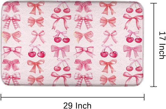 Red Cherry Pink Bow Cute Fruit Watercolor Bath Rug, Non-Slip Microfiber Soft Plush Modern Bathroom Mat Carpets Floor Mat for Bedroom Kitchen Bathroom Toilet 17x29 Inch