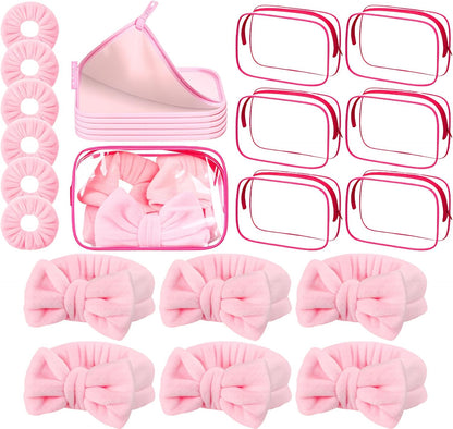 24Pcs Spa Sleepover Party Supplies for Girls,6 Spa Headbands 6 Clear Cosmetic Bags 6 Hair Ties 6 Face Towels,Sleepover Stuff for Valentine Galentine Party(Pink)