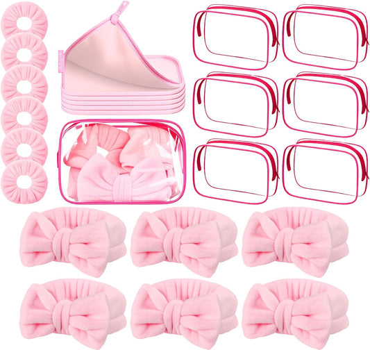 24Pcs Spa Sleepover Party Supplies for Girls,6 Spa Headbands 6 Clear Cosmetic Bags 6 Hair Ties 6 Face Towels,Sleepover Stuff for Valentine Galentine Party(Pink)