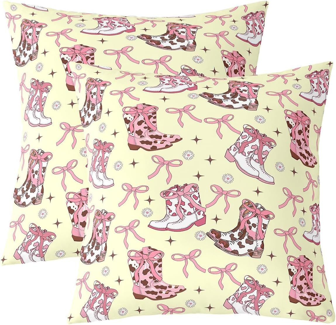 Cowgirl Western Cushion Covers Girly Bow Cushion Cases 24X24 Inch Pink Bowknot Cow Throw Pillow Covers For Living Room Sofa Accent Home Decor Yellow Farmhouse Cowboy Rustic Pillow Inserts Not Included