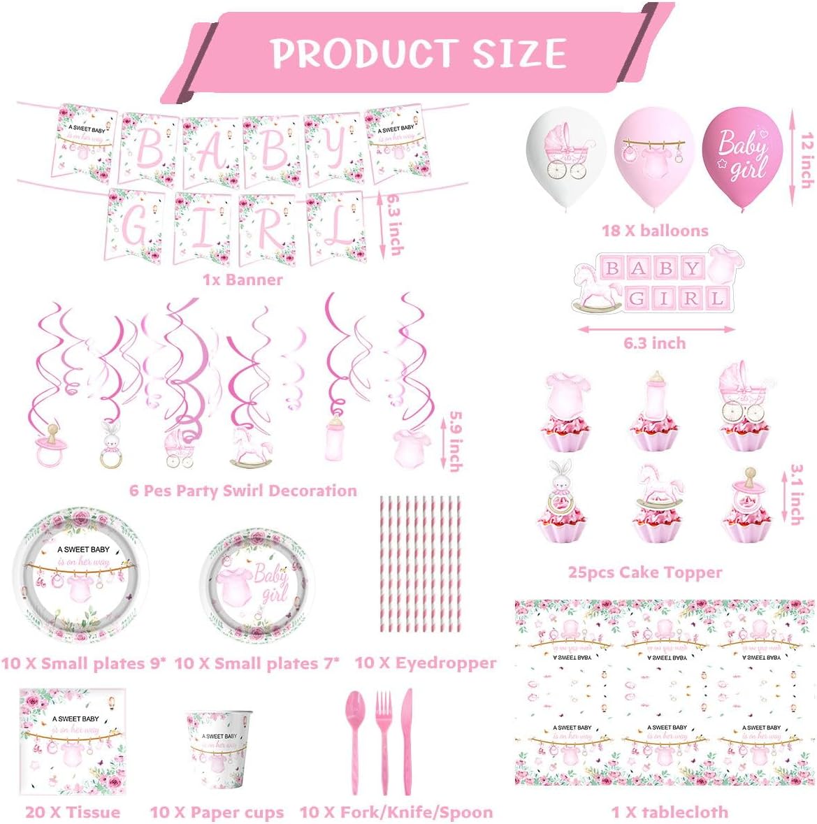 141Pcs Pink Baby Shower Decorations, Sweet Girl Tableware Set , Girls Gender Reveal Party Decorations Supplies