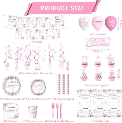 141Pcs Pink Baby Shower Decorations, Sweet Girl Tableware Set , Girls Gender Reveal Party Decorations Supplies