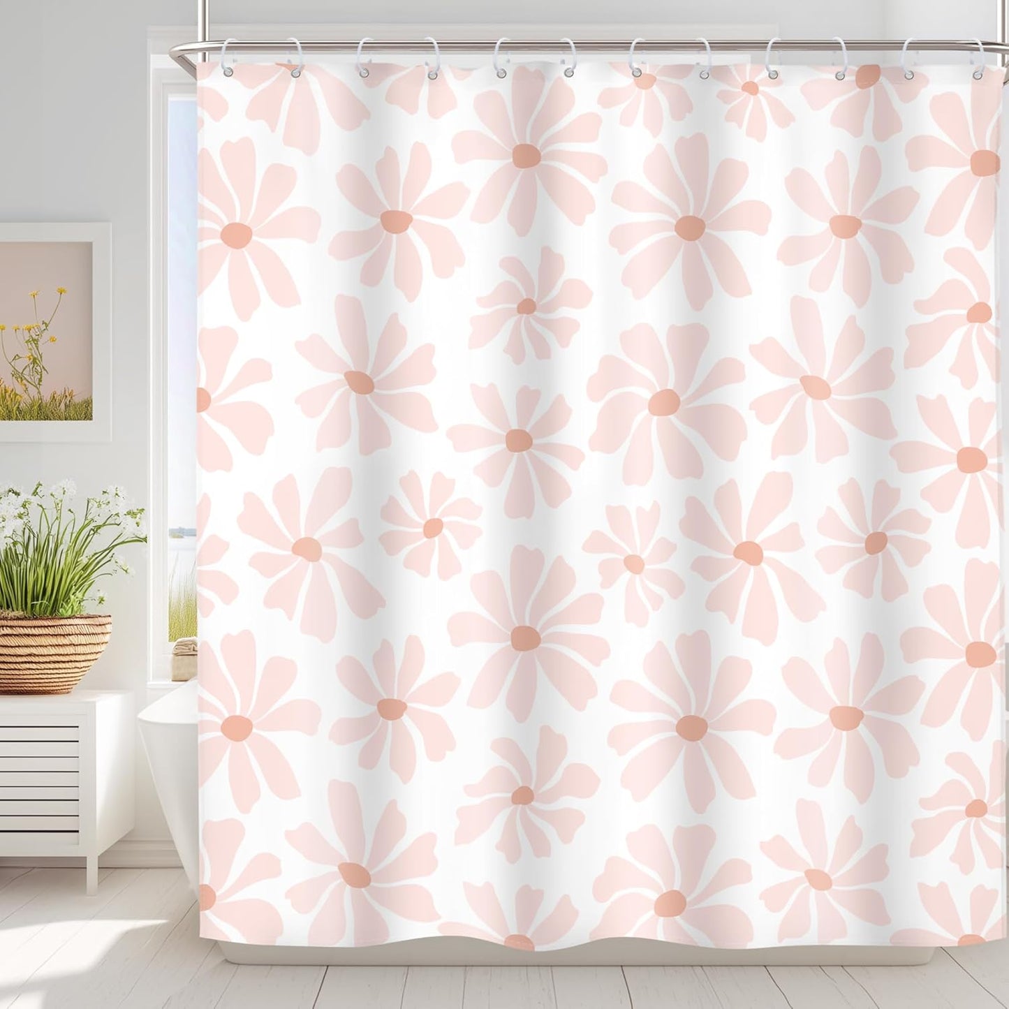 Riyidecor Blush Pink Floral Shower Curtain Cute Daisy Kids Boho Spring Flower Girly Girls Retro Y2K Lovely Pastel 72Wx72H Inch Aesthetic Fabric Decor Bathroom Polyester Waterproof 12 Pack Hooks