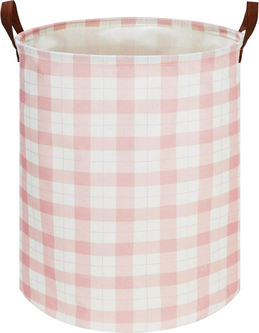 CLOCOR Laundry Basket, Waterproof Pink Nursery Hamper, Collapsible Fabric Storage Container, Room Decor, Gift Basket(Pink Grid)