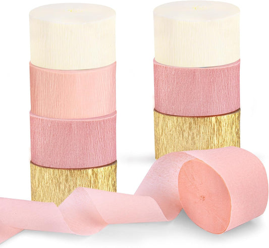 Riqiaqia Streamers Party Decorations,8 Rolls Pink Gold Crepe Paper Streamers for Wedding, Birthday, Bachelorette, Bridal Showerand Baby Shower Girl