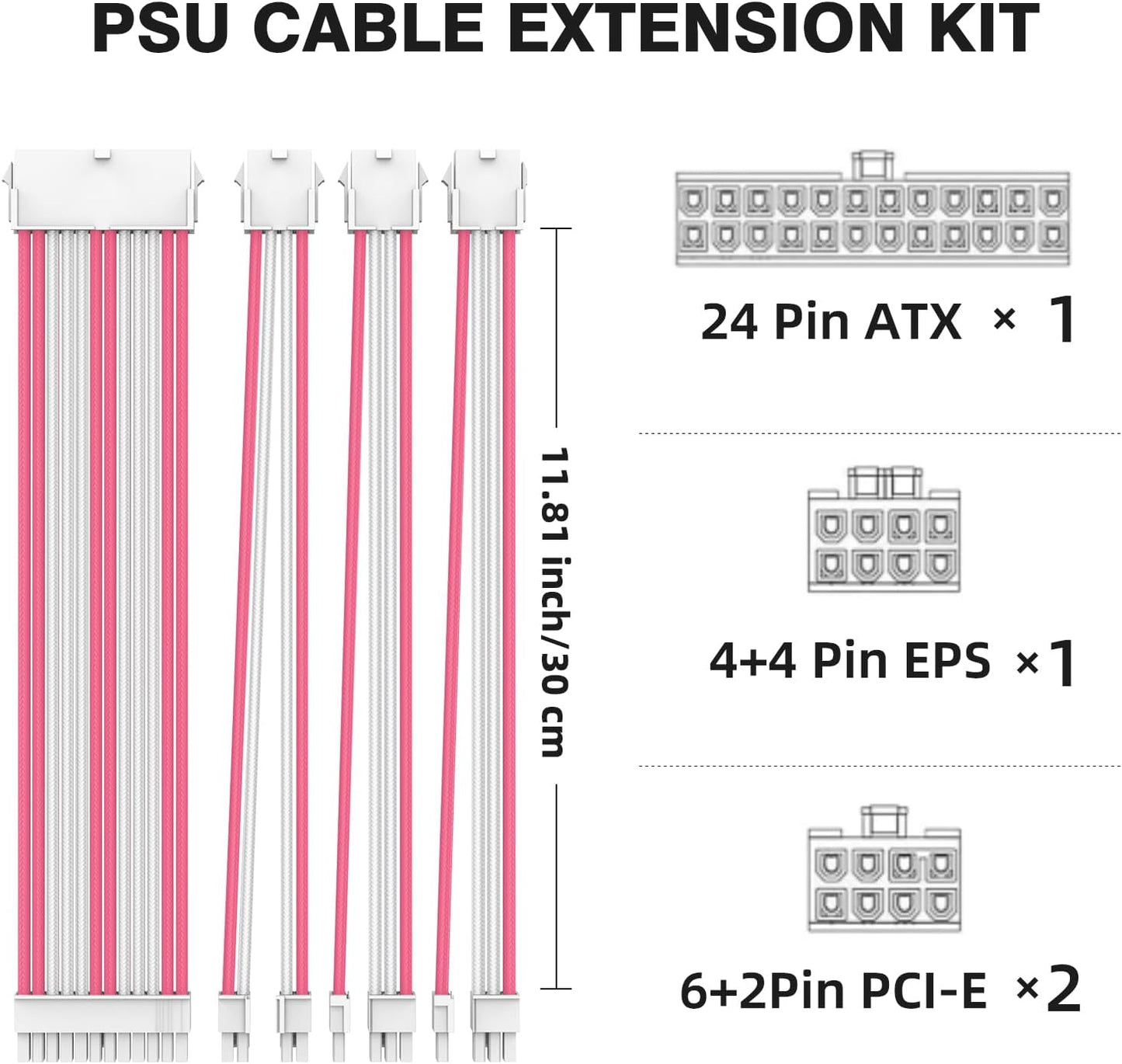 16AWG PSU Cable Extension Kit With Cable Combs,1x24pin ATX/1x8pin(4+4) EPS/2x8pin(6+2) PCIE Extension Cable,Cable Extension PC Sleeved Cables 30cm Length,Power Supply Extension Cable Kit(Pink/White)