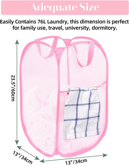 Durable Collapsible Laundry Baskets - Reinforced Mesh Pop Up Laundry Hamper with Side Pocket, Foldable Clothes Storage Hamper with Carry Handles for Laundry, Bathroom, Kids Room, Dorm or Travel Pink