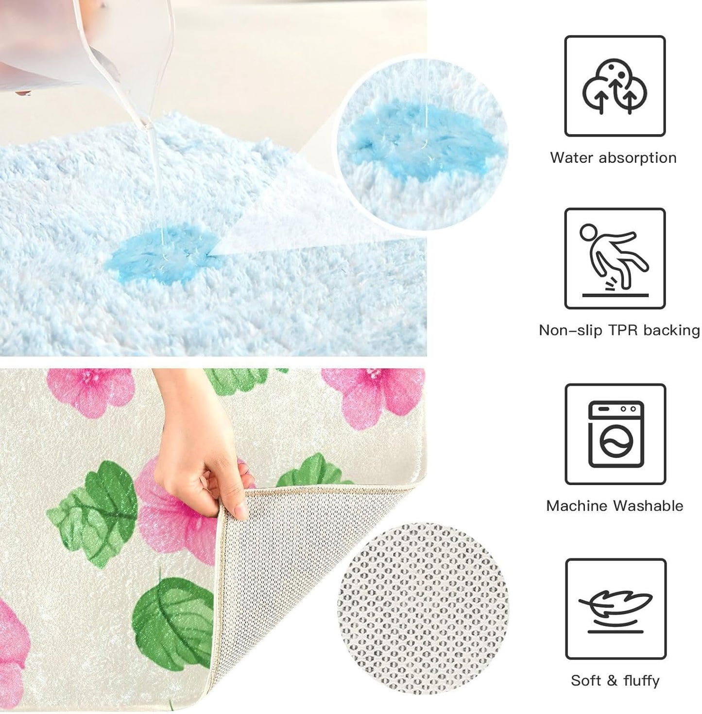 Soft Pink Flowers Bathroom Rug, Non Slip Dry Quickly Bath Mat, Absorbent Soft Bath Rug, Home Decor Accessories, 24"x16"