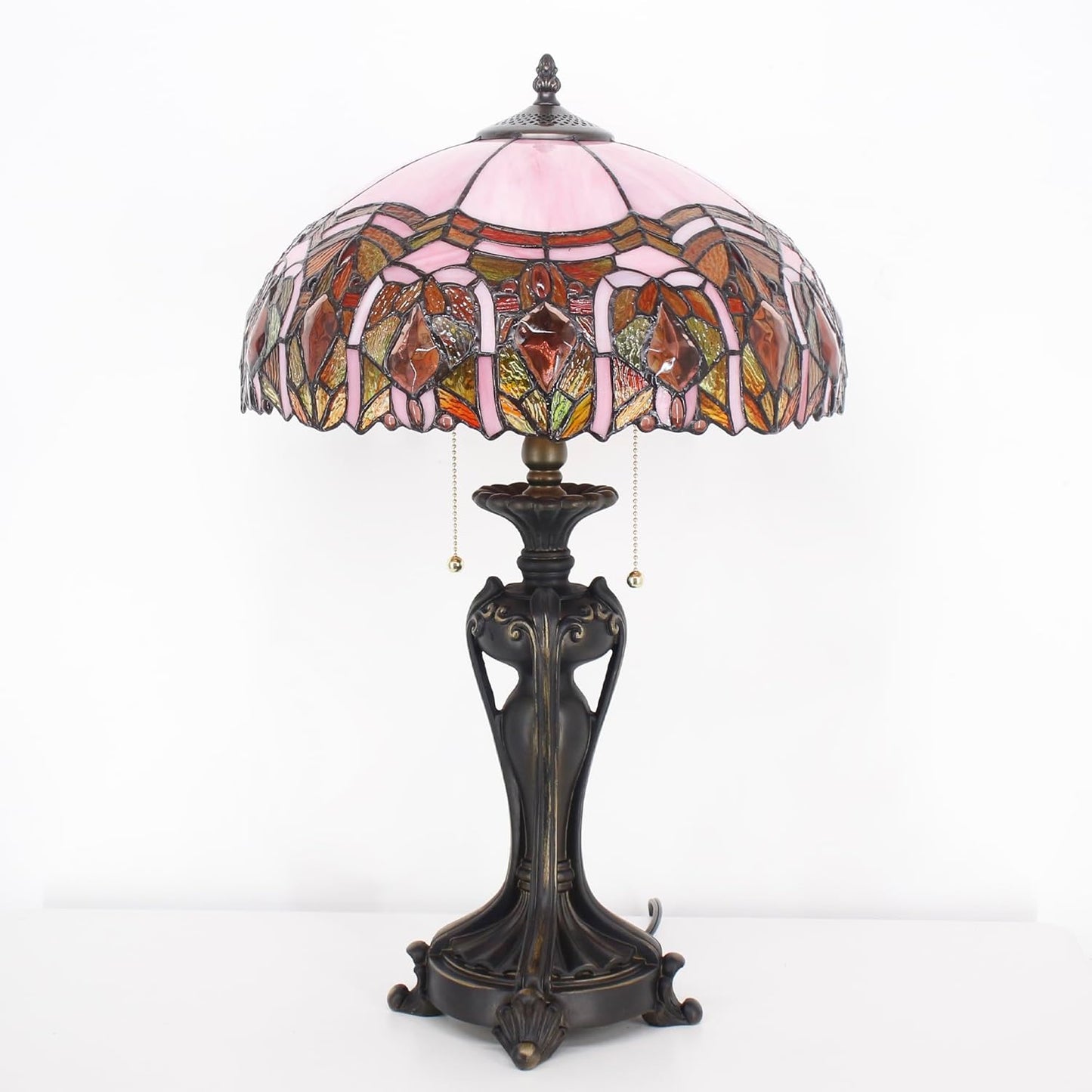 Tiffany Lamp(2 Lights) Stained Glass Table Lamp Bedside Desk Reading Light 16X16X24 Inch Decor Bedroom Living Room Home Office (Pink Jewelry)