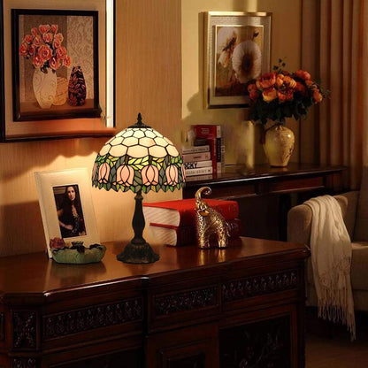 Tiffany Table Lamp,Pink Tulip Stained Glass Table Lamps for Bedroom Bedside 3 Color Temperatures Nightstand Lamp, for Living Room,Dining Room,W/LED Bulb, Mothers Gifts,12X12X19Inch
