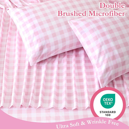 MICORAL Queen Sheet Set Pink Gingham Plaid, 4-Piece Brushed Microfiber Cute Grid Bed Sheets, 16" Deep Pocket, Ultra Soft & Cooling Sheet, Oeko-TEX Certified, Light Pink