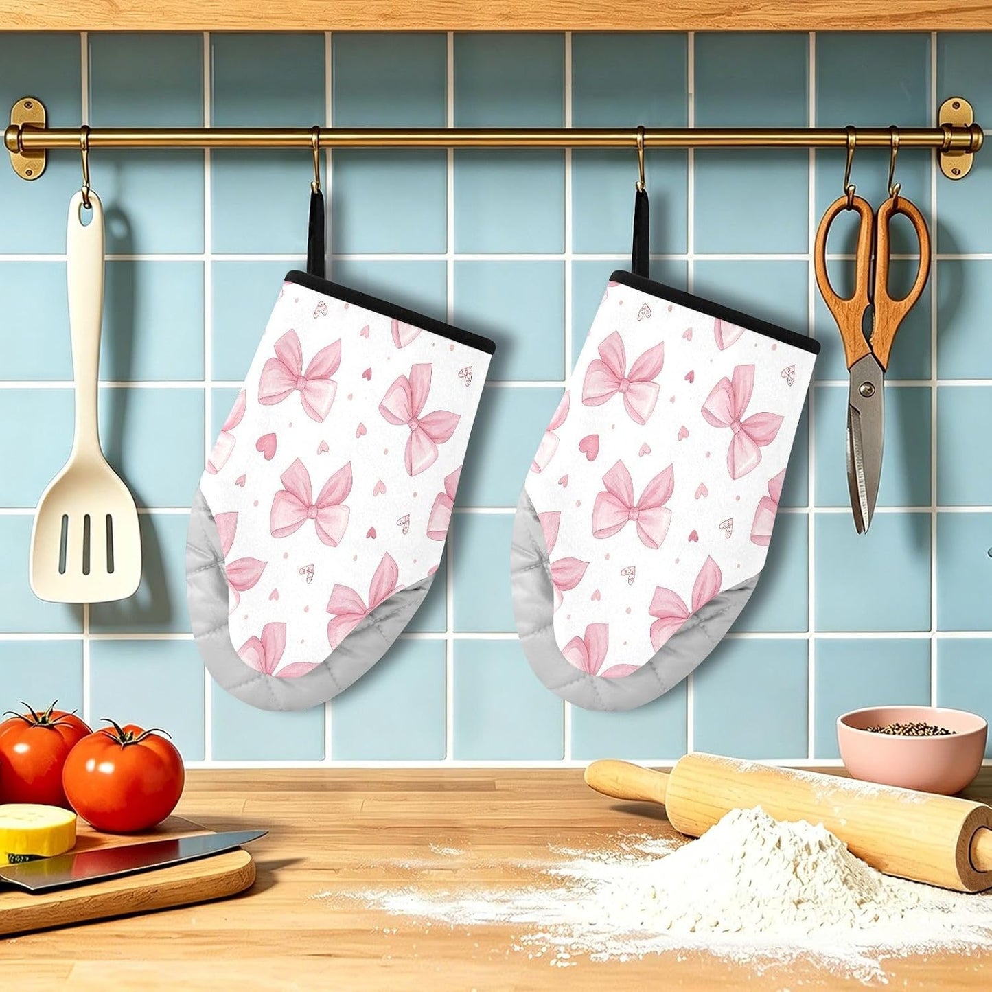 Pink Bows & Hearts Non-Slip Oven Mitts Set Heat Resistant Kitchen Gloves with Quilted Liner Cotton Machine Washable with Hanging Loop for Baking Grilling BBQ