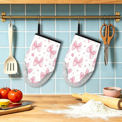 Pink Bows & Hearts Non-Slip Oven Mitts Set Heat Resistant Kitchen Gloves with Quilted Liner Cotton Machine Washable with Hanging Loop for Baking Grilling BBQ