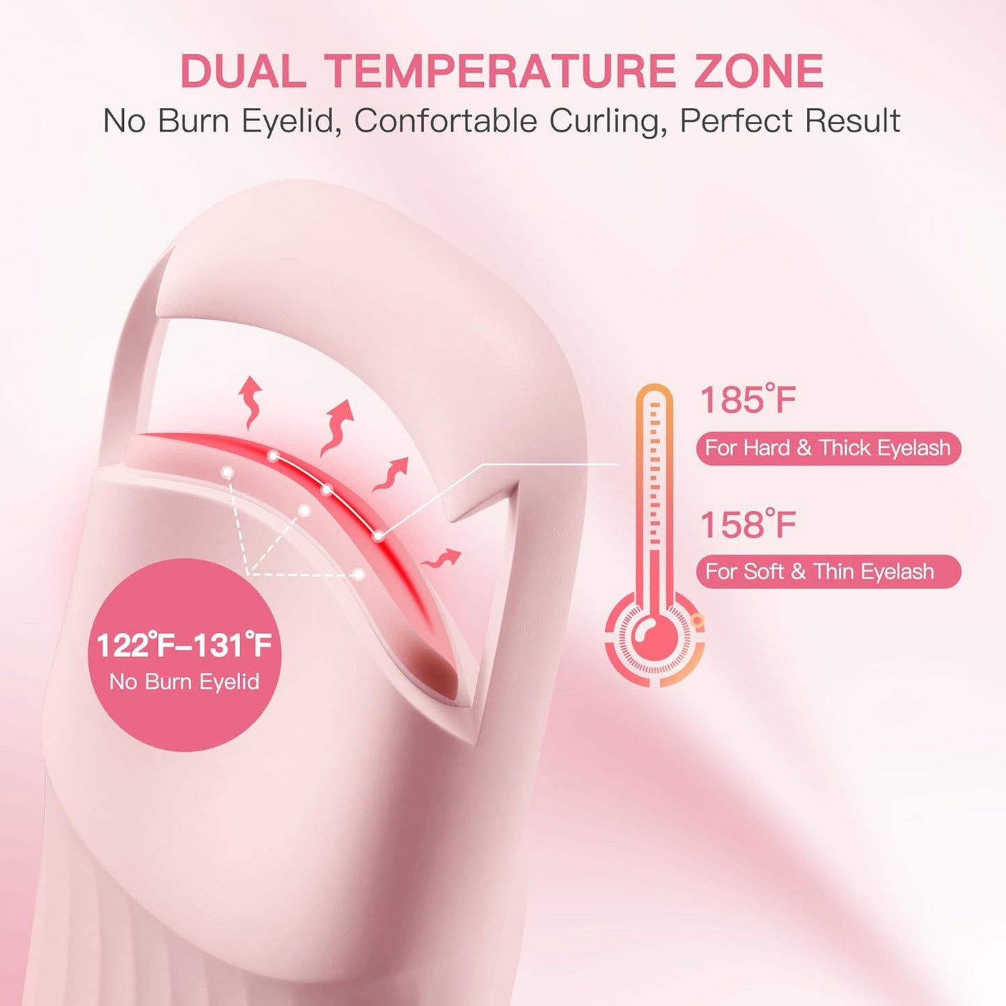 HEBECA Heated Eyelash Curler Innovative, QuickCurl 2S Heat Up, Naturally Lash Curler 70°C/85°C Adjustable Heat, Safe Food-Grade Silicone, 600mAh Battery Portable Size for Travel (Pink)
