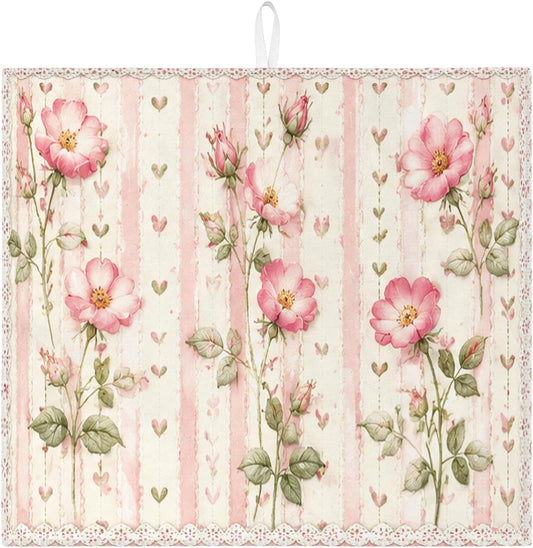 Peach Floral Dish Drying Mats for Kitchen Counter, Vintage Botanical Absorbent Dish Drainer Rack Mat, Spring Romantic Microfiber Drying Pad for Kitchen Counter Home Decor 16x18 Inch