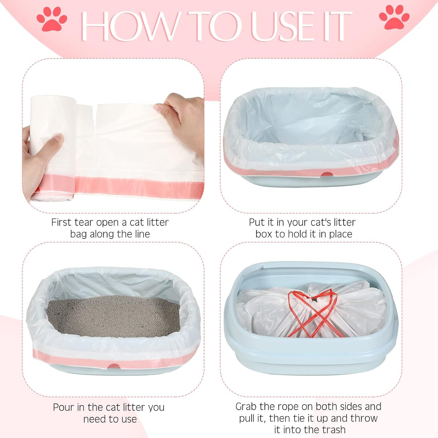 Sabary 30 Cat Litter Box Bags Jumbo Kitty Pan Liners with Drawstring Sturdy Hdpe Material for Cat Pet Waste Litter Box Tray, Pink (31 x 18 Inch)
