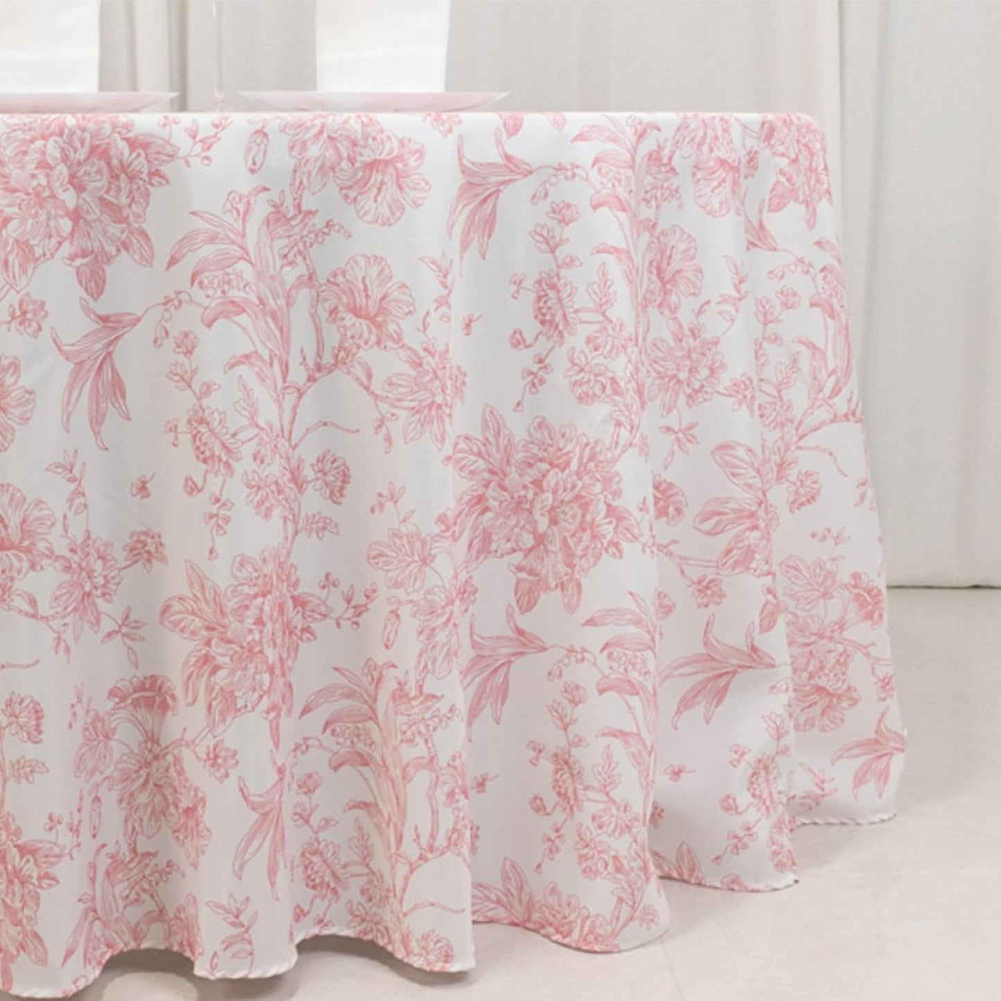 Efavormart Polyester Round Tablecloth 120" White with Pink French Toile Pattern - Sophisticated Table Cover for Chic Weddings & Events