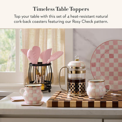 MACKENZIE-CHILDS Square Cork-Back Coaster Set, Table Coasters for Drinks, Set of 4, Pink-and-White Rosy Check