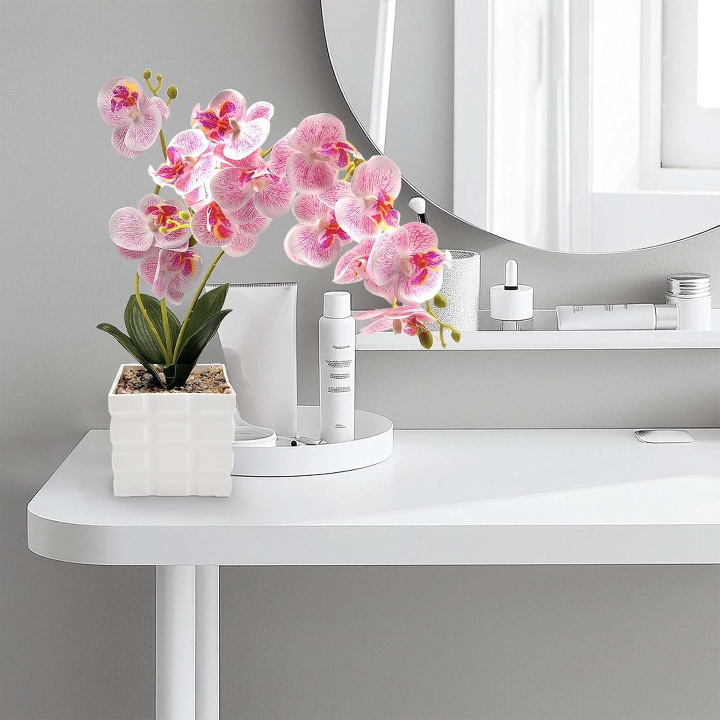 Daily Treasures 13-Heads Artificial Orchid Flower in Pot,50cm Silk Orchid Arrangement with Plastic Vase,Potted Pink Flowers,Silk Phalaenopsis Indoor Decor for Home Table Centerpiece
