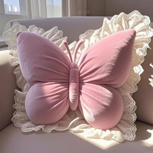 Butterfly Pillow with Lace Trim, Butterfly Shaped Decorative Throw Pillow 20" x 16" Soft Plush Cushion for Bed Sofa Couch Bedroom Living Room Cute Home Decor (Pink)