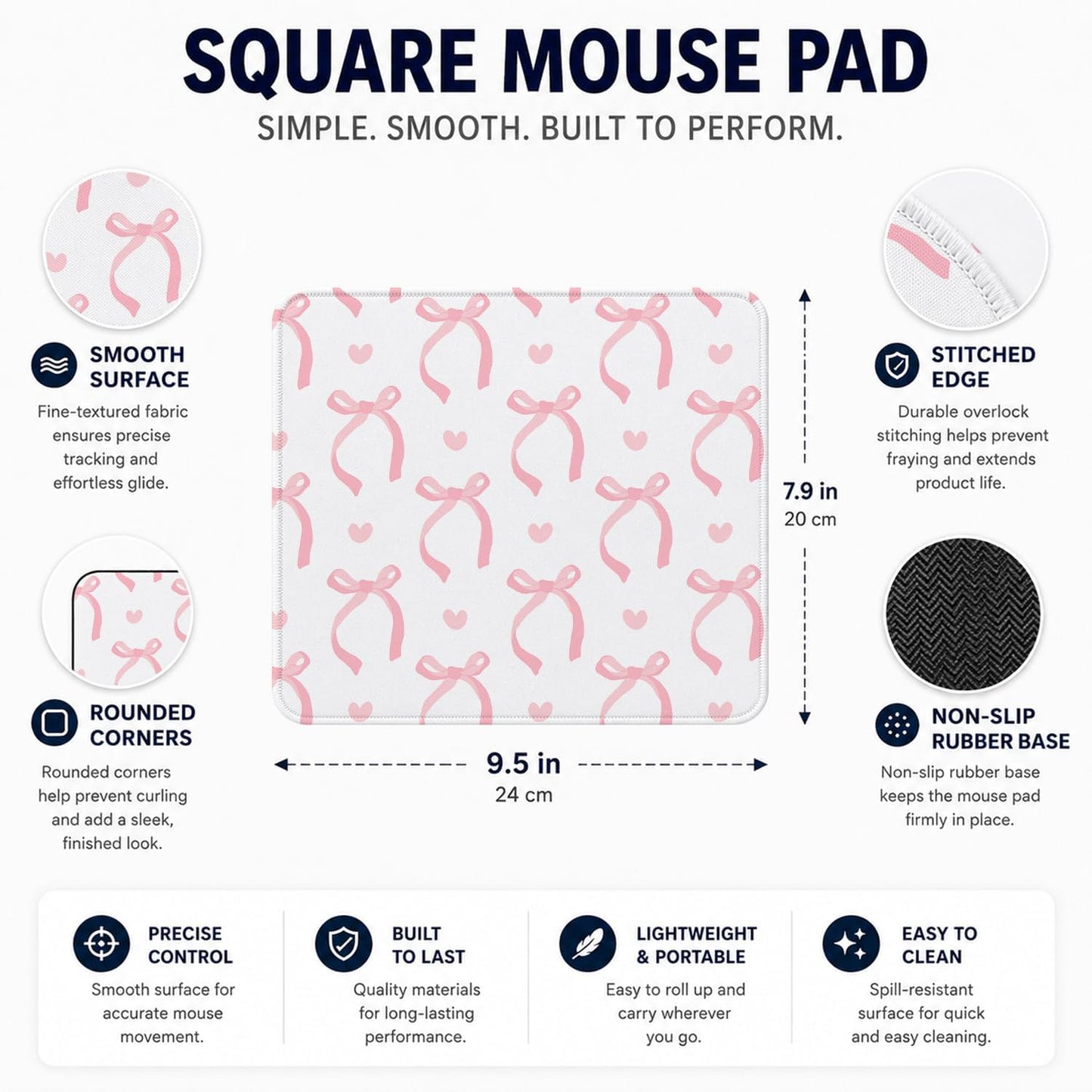 QIYUHOY Pink Bow Mouse Pad, Coquette Trendy Desk Mat Personalized Mouse Mat Design, Home Office Gaming Working,Gifts for Girls Women Female Friends,9.5x7.9 inches