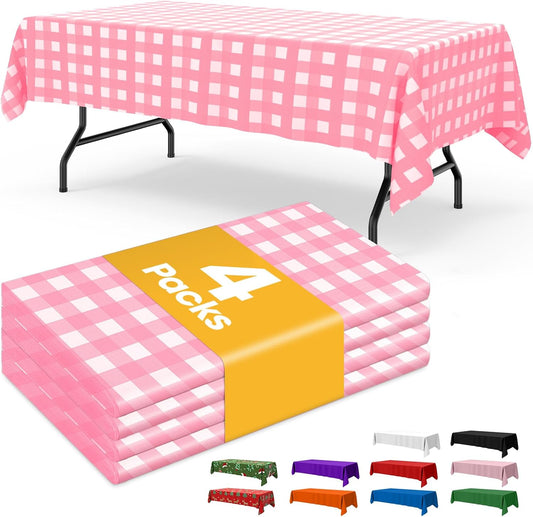 Niuara Pink Checkered Plastic Table Cloth - 4 Pack 54" × 108" Rectangle Disposable Tablecloths for 6FT Tables, Table Cover for Party, Holiday & Gathering Use