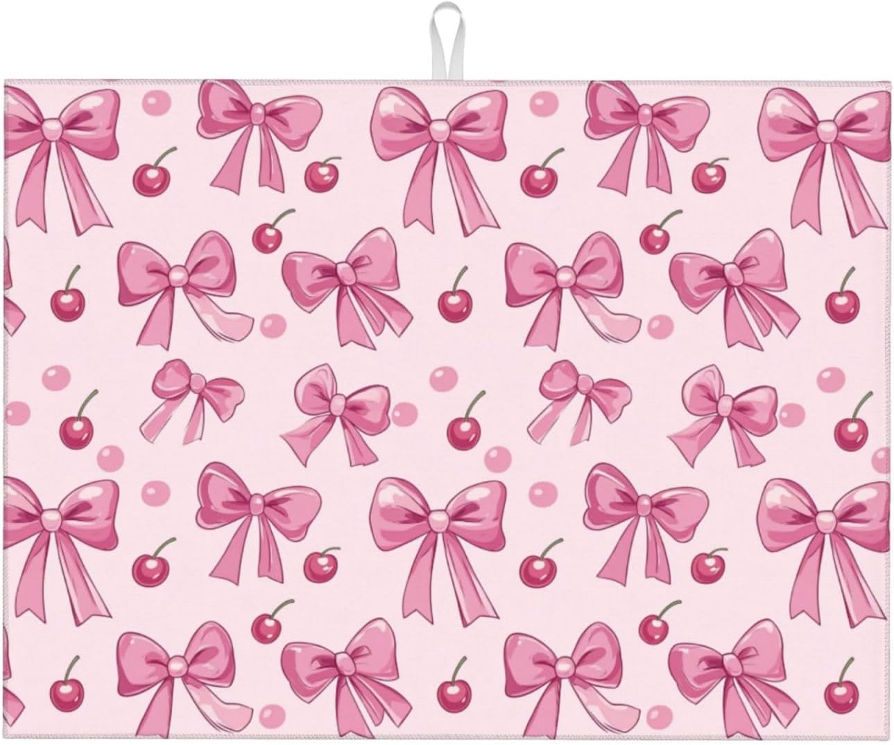Dish Drying Mat for Kitchen Pink Bow Pattern Cherry Counter Absorbent Dishes Drainer Microfiber Large 18x24 Inch