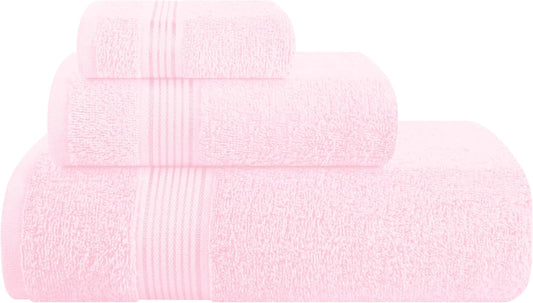Belizzi Home Ultra Soft 3 Pack Cotton Towel Set, Contains a Bath Towel 28x55 inch, a Hand Towel 16x24 inch & a Wash Coth 12x12 inch, Ideal Everyday use, Compact & Lightweight - Pink
