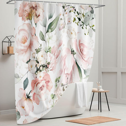 Tititex Blooming Bright Pink White Roses Floral Faux Linen Shower Curtain, Watercolor Leaves with Flowers Bathroom Decoration Shower Curtain Sets 71x71 Inch with Hooks
