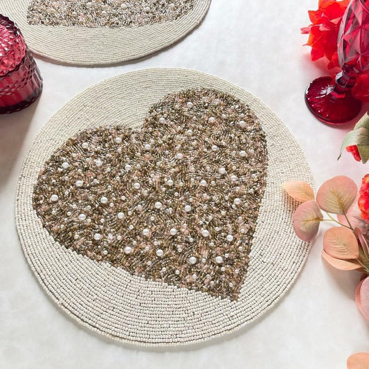 Enliven Handmade Valentine's Day Special Beaded Placemat, Peach Gold Heart Shape, Round Mat (Set of 6) (14 inch)