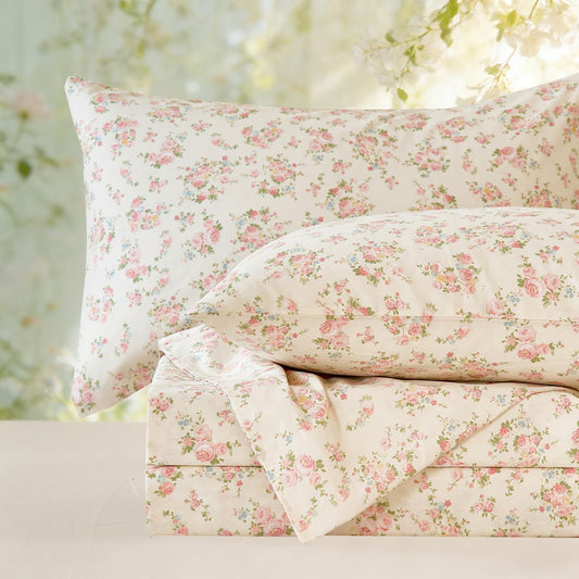 Zusbest Floral Sheets Queen Size 100% Cotton Pink Bed Sheet Set, Soft Breathable for Hot Sleepers, Shabby-Chic Cottage Rose Flower Pattern Bed Set Deep Pocket 17.5‘’, 4Pcs, Queen