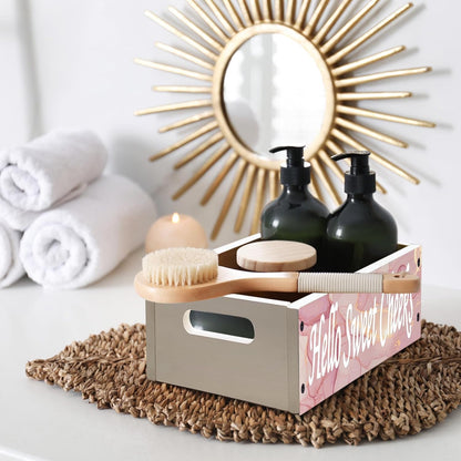 Lnond Rustic Bathroom Decor Box,Toilet Tank Tray Storage Basket, Hello Sweet Cheeks Bathroom Wooden Toilet Paper Basket with Handle (Pink Gold Marble)