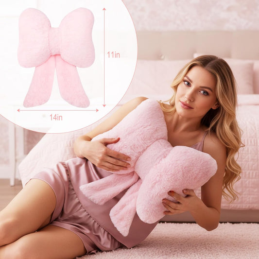 Beeveer 2 Pcs Pink Bow Pillow Faux Fur Throw Pillows Soft Furry Coquette Decorative Cushion Cute Plush Bow Decor for Xmas Girls Home Room Bed Sofa Couch Car Gifts, 8.3 * 10.6 inch