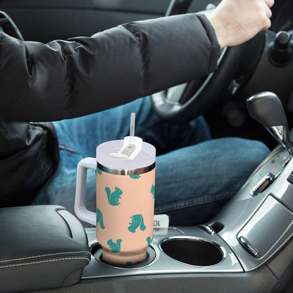 40 oz tumbler with handle and straw Blue Squirrel Pattern on Peach Stainless Steel Tumbler Leakproof Water Bottle Vacuum Insulated Cups With Lid Travel Mug For Car Cup Holder,