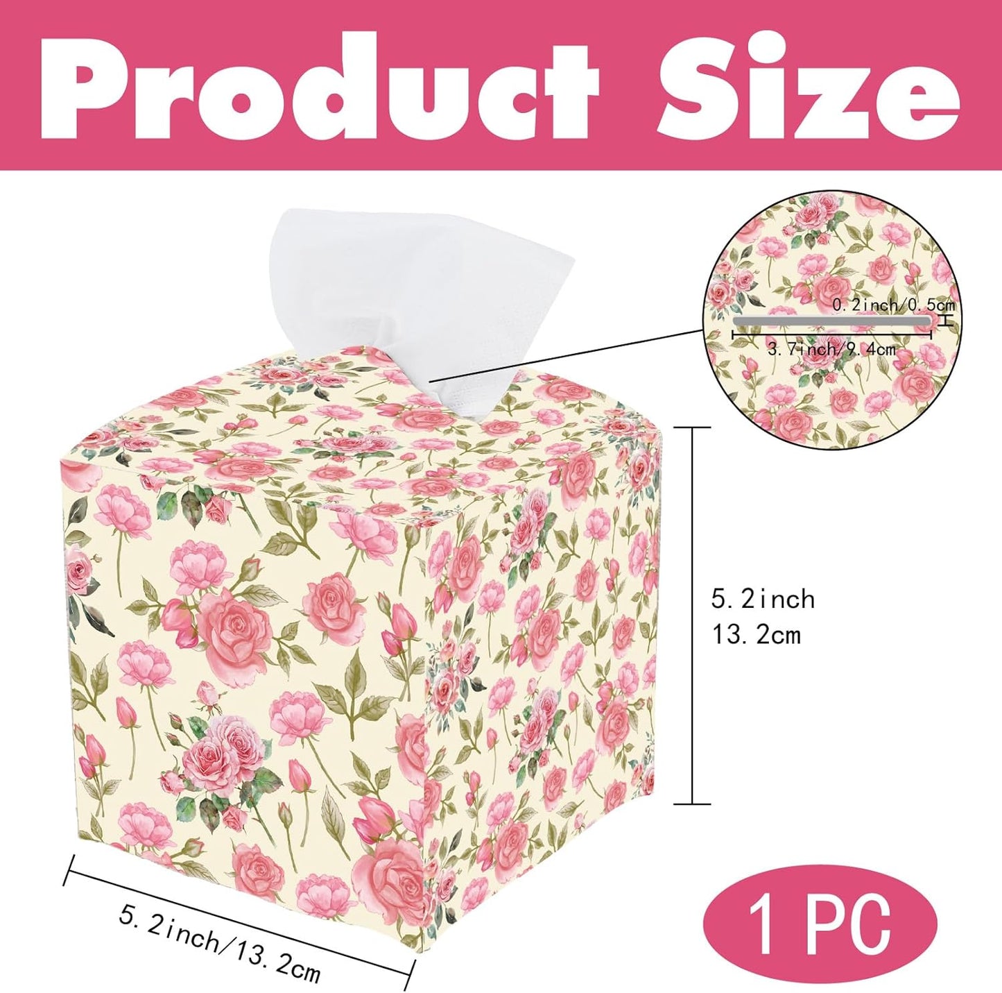 Pink Floral Tissue Box Cover Square Leather Flower Tissue Box Holder Rose Leaves Waterproof Facial Paper Organizer Dispenser for Bathroom Bedroom Kitchen Vanity Home Car Desk Countertop