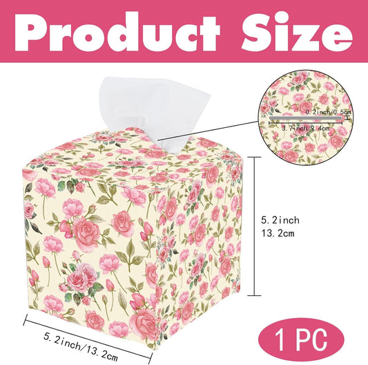 Pink Floral Tissue Box Cover Square Leather Flower Tissue Box Holder Rose Leaves Waterproof Facial Paper Organizer Dispenser for Bathroom Bedroom Kitchen Vanity Home Car Desk Countertop