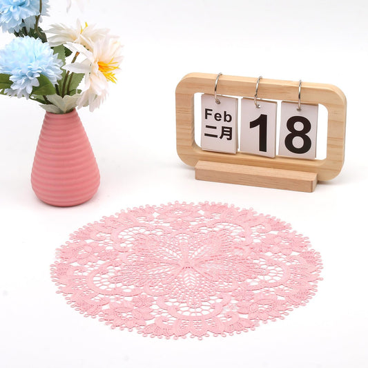 2 Pack Lace Placemats, 10.6 Inch Round Washable Embroidered Lace Doilies, Elegant Floral Table Mats for Dining Table, Home Decor, Wedding & Christmas Party(Bright Pink)