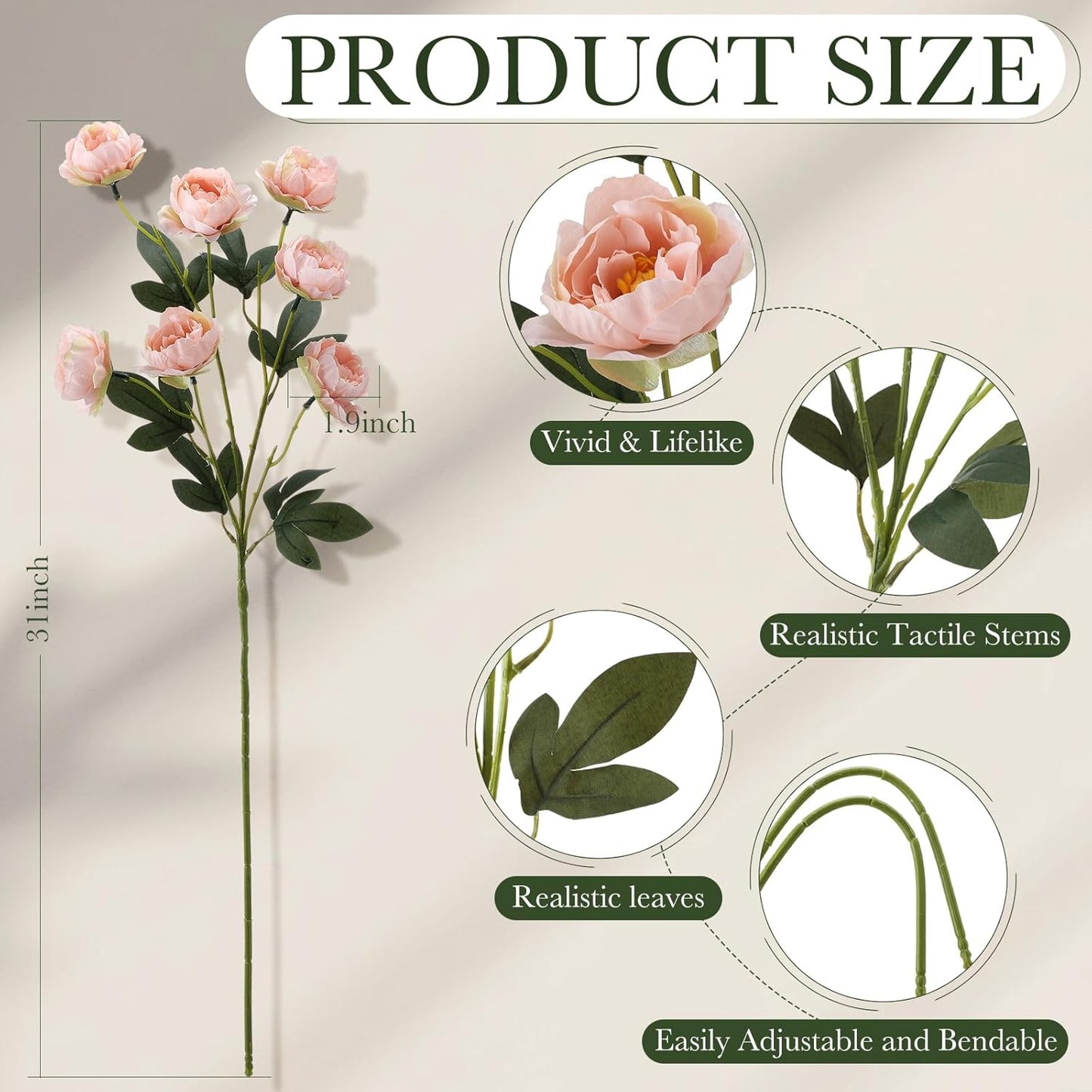 6 Pcs 32" Large Pink Artificial Peonies Stems Flowers, Real Look Faux Silk Peony Bouquet 42 Heads Total for Vase Filler, Farmhouse Rustic Neutral Home Decor, Wedding Centerpieces