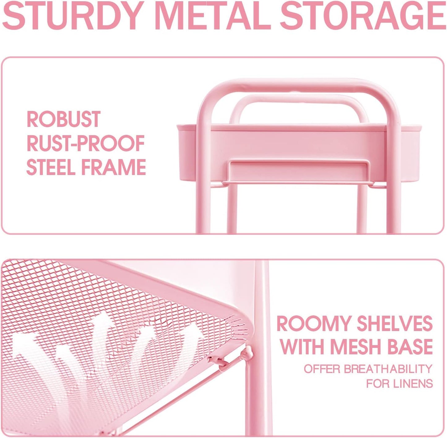 TOOLF 3-Tier Rolling Cart - Metal Utility Storage Organizer with Lockable Wheels, 33 lbs Per Shelf, Tool-Free 5-Min Assembly, for Kitchen Bathroom Office Nursery Craft Room, Pink