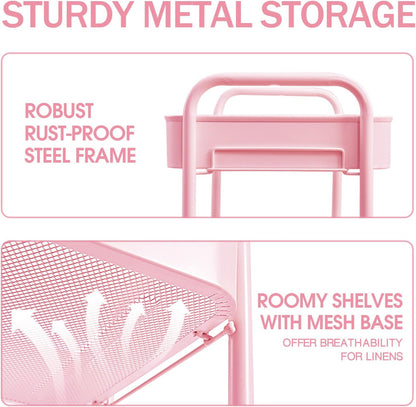 TOOLF 3-Tier Rolling Cart - Metal Utility Storage Organizer with Lockable Wheels, 33 lbs Per Shelf, Tool-Free 5-Min Assembly, for Kitchen Bathroom Office Nursery Craft Room, Pink