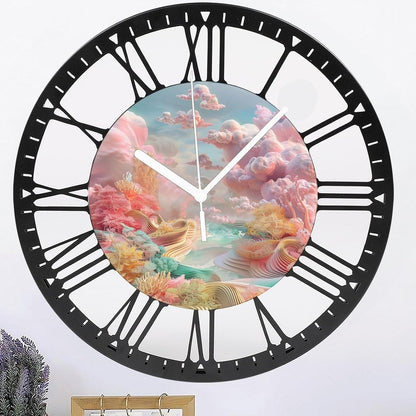 Metal Wall Clock for Living Room -10" Pastel Coral Landscape Pink Clouds Silent Non Ticking,Battery Operated, Antique Clocks for Farmhouse,Bedroom,Kitchen - Rome Numerals