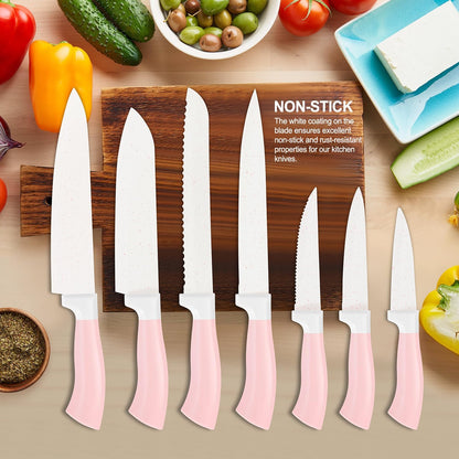 Knife Set, 15 Pcs Pink Kitchen Knife Set, Anti-Rust Non Stick Stainless Steel Sharp Pink Chef Knife Sets with Block, Ergonomic Non-slip Handle Knife Block Set with Steak Knife, Bread Knife, Scissors